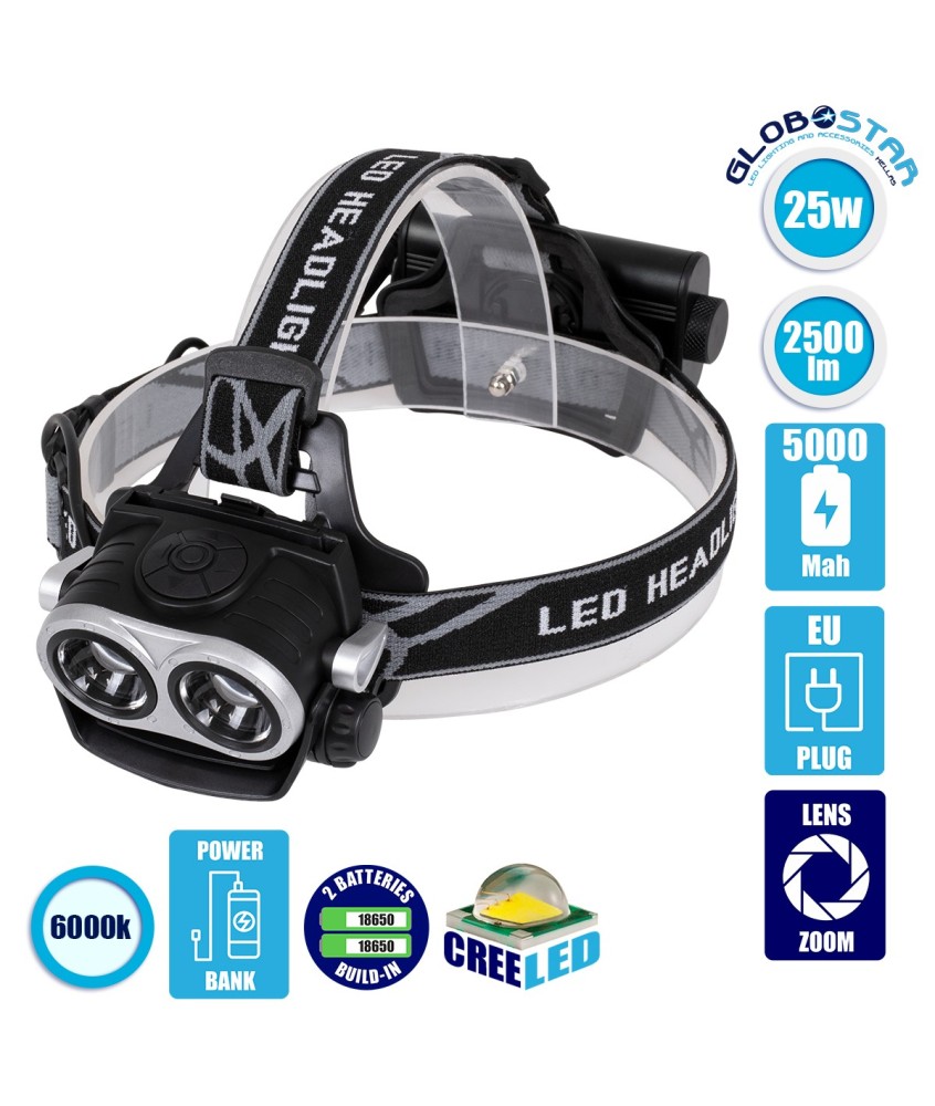 GloboStar® 79063 Φακός Κεφαλής Επαναφορτιζόμενος και Powerbank Mode 2 x LED CREE COB XML2-T6 Chip 25 Watt 2500lm με 2 x 18650 Μπαταρίες 5000mAh και με Φορτιστή Πρίζας Αδιάβροχος IP65 Ψυχρό Λευκό 6000K